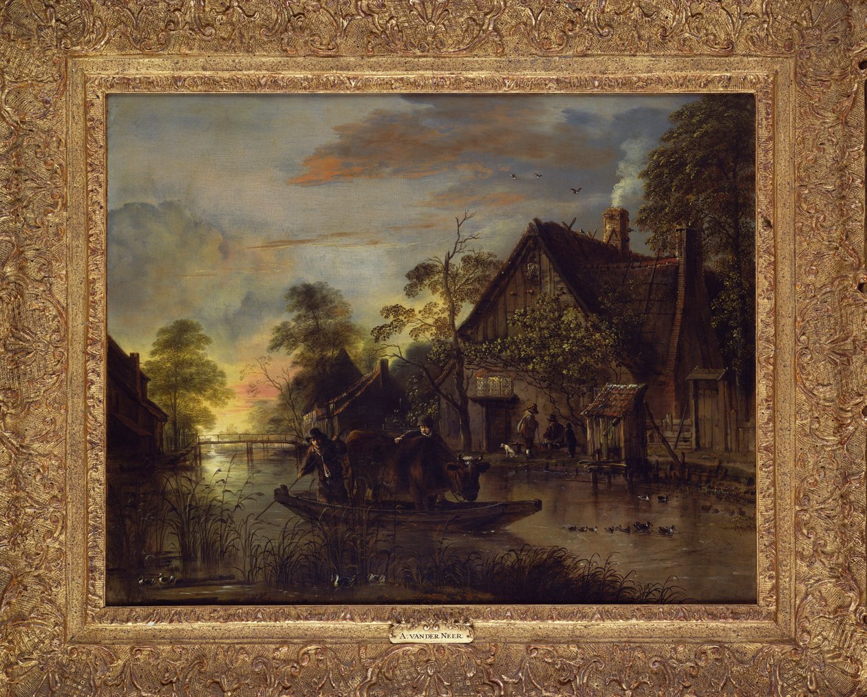 Uma paisagem do rio com camponeses transportando um touro, camponeses por uma cabana além de Aert van der Neer