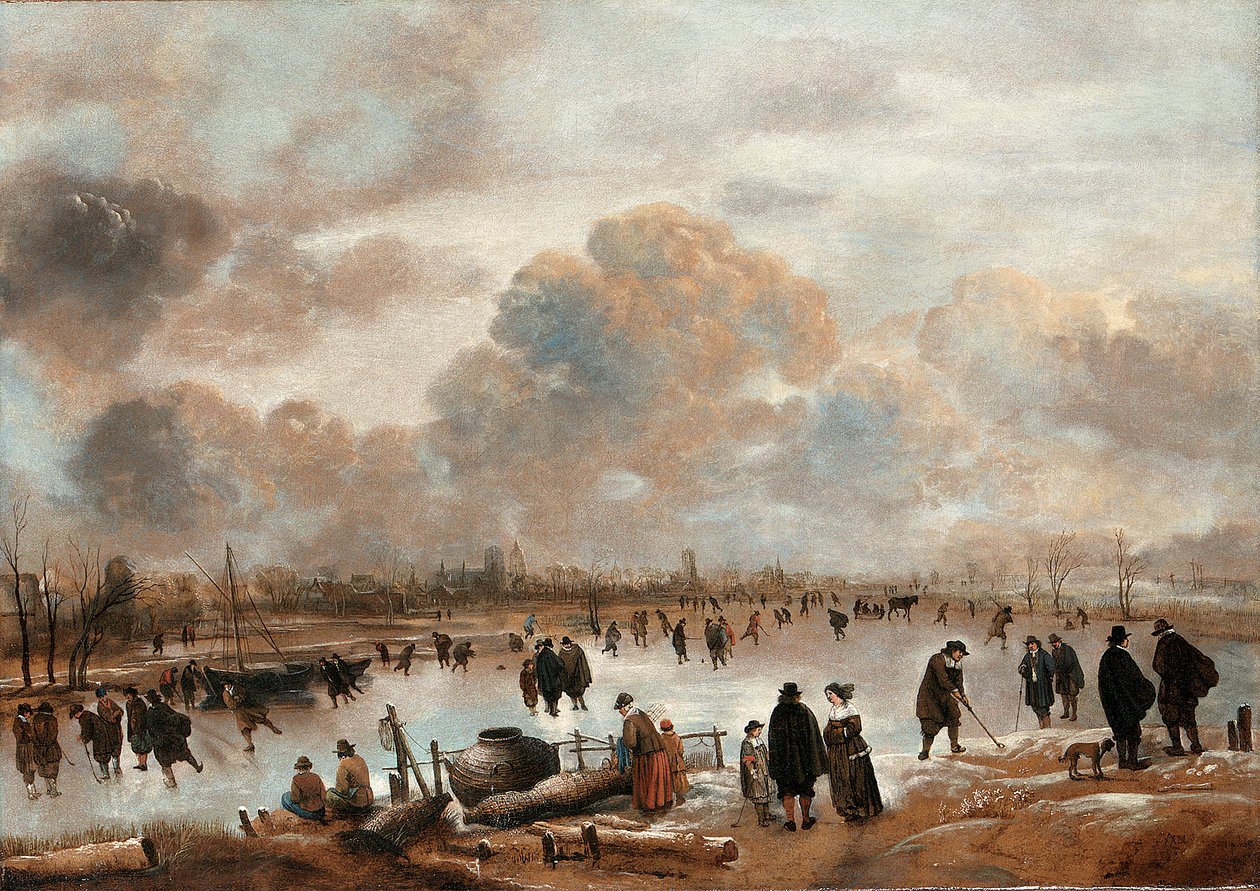 Uma paisagem de inverno com skatistas e habitantes da cidade em uma hidrovia congelada de Aert van der Neer