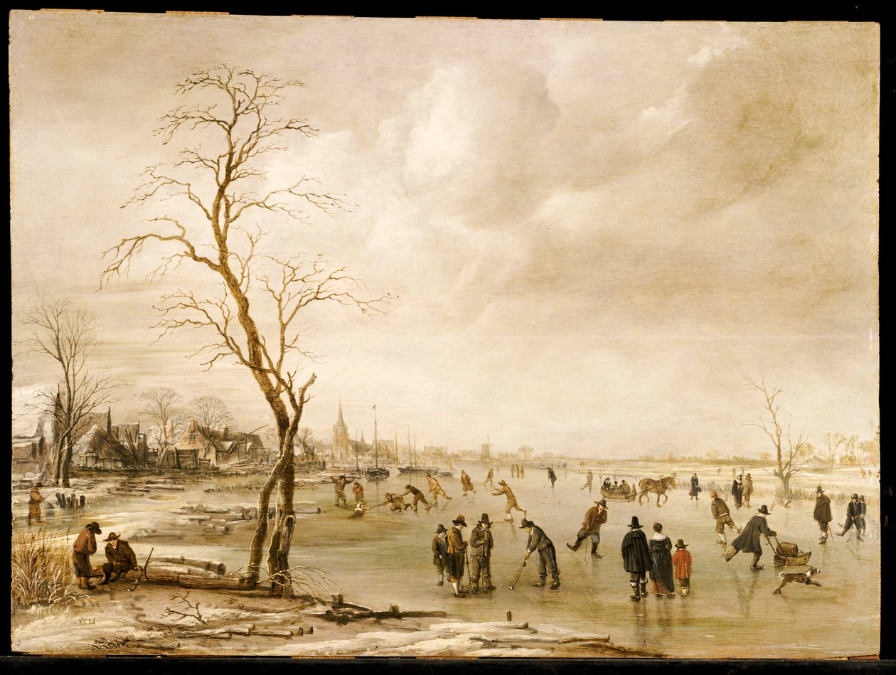 Uma paisagem de inverno com os habitantes da cidade patinando e jogando Kolf em um rio congelado, uma cidade além de Aert van der Neer