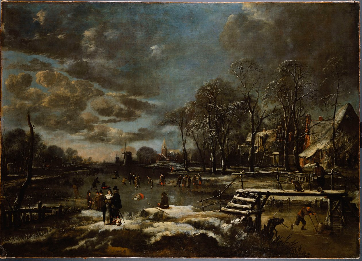 Uma paisagem do rio de inverno com figuras jogando golfe e patinação de Aert van der Neer