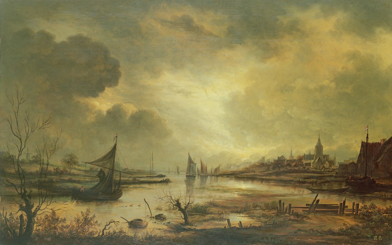 Cidade holandesa às margens do rio ao luar (óleo no painel) de Aert van der Neer