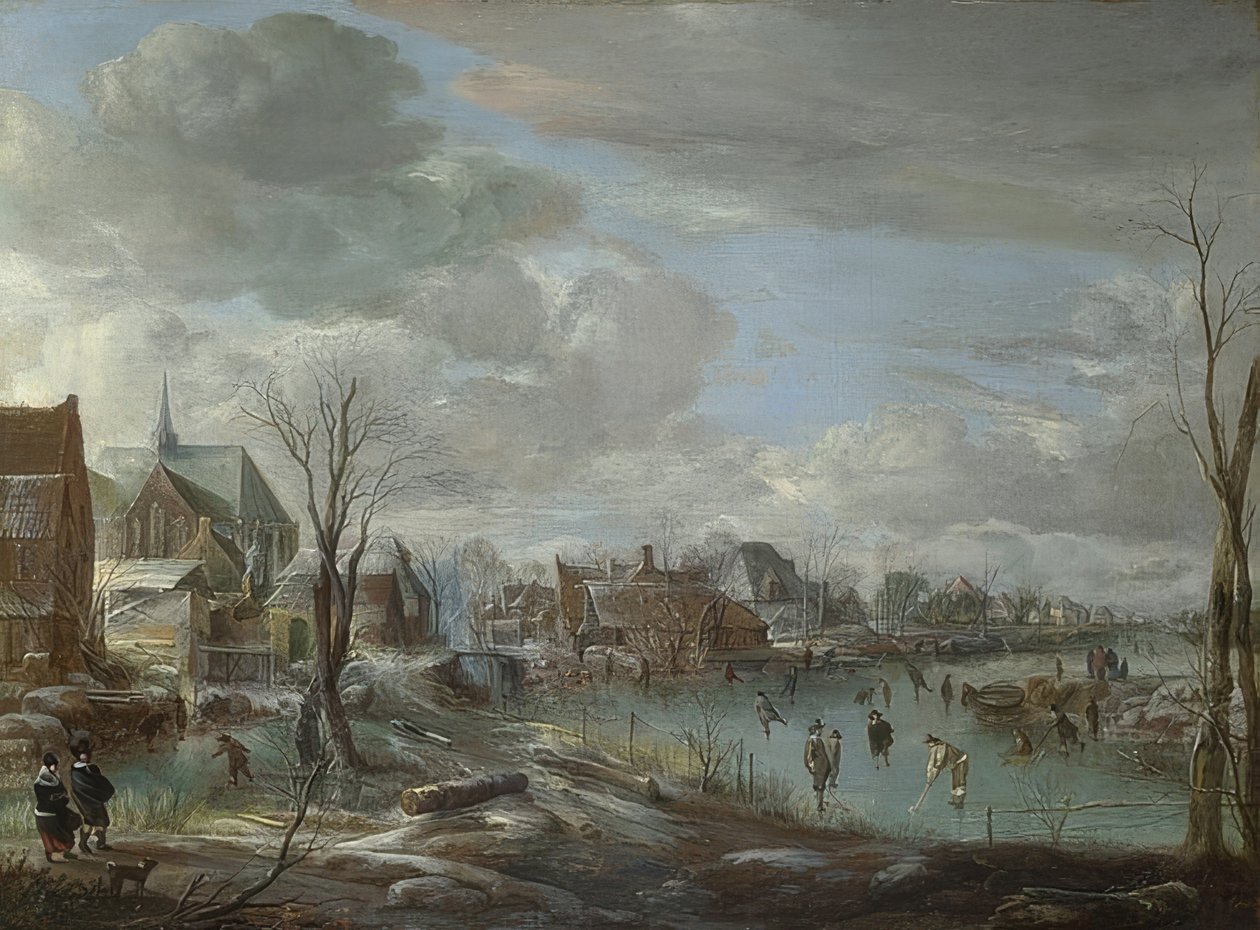 Um rio congelado perto de uma cidade com golfistas e skatistas. Por volta de 1648 de Aert van der Neer