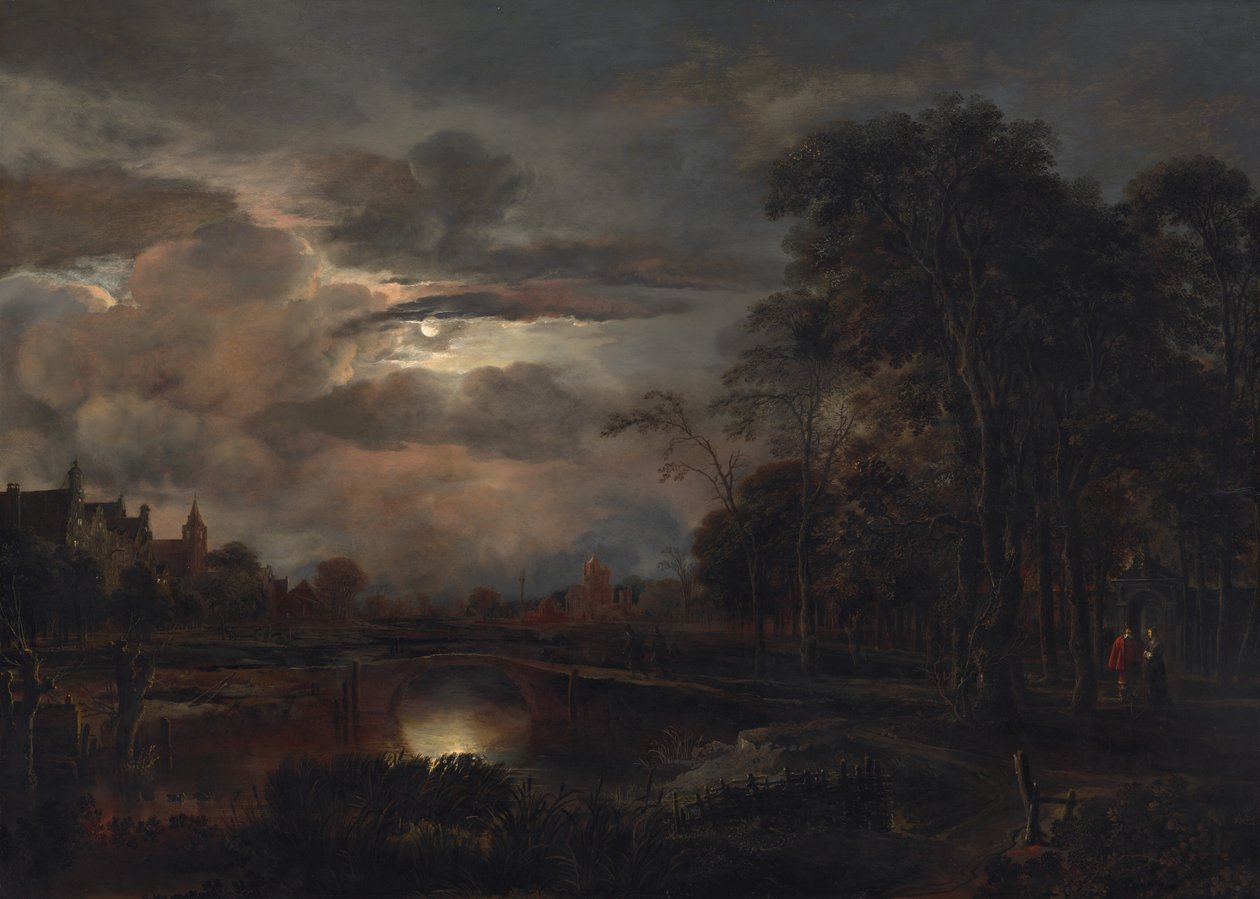 Paisagem enluarada com ponte de Aert van der Neer