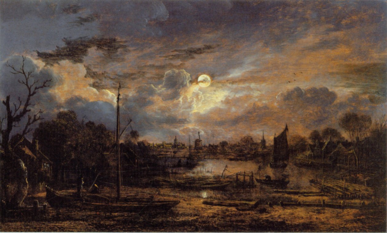 Paisagem do rio com Moonshine de Aert van der Neer