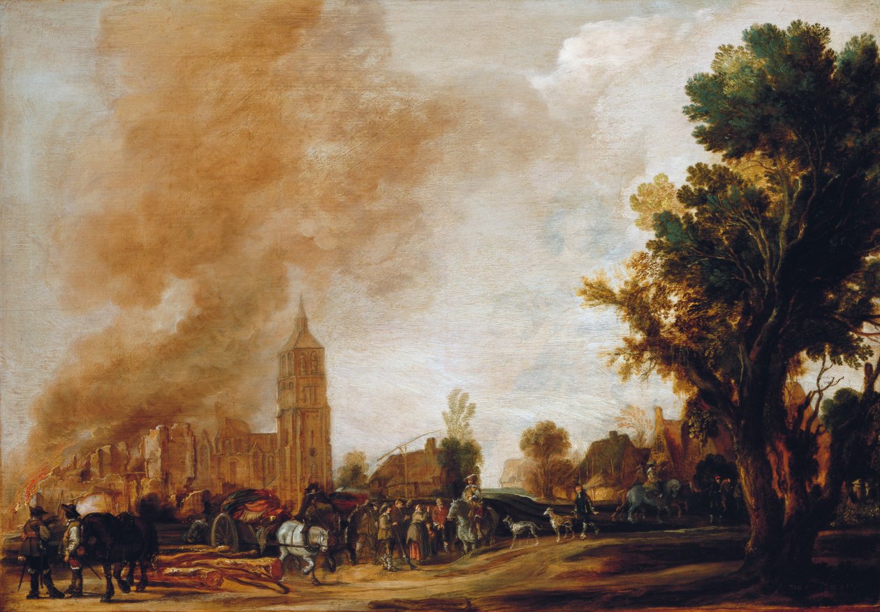 Soldados saindo de uma vila em chamas, 1637 de Aert van der Neer