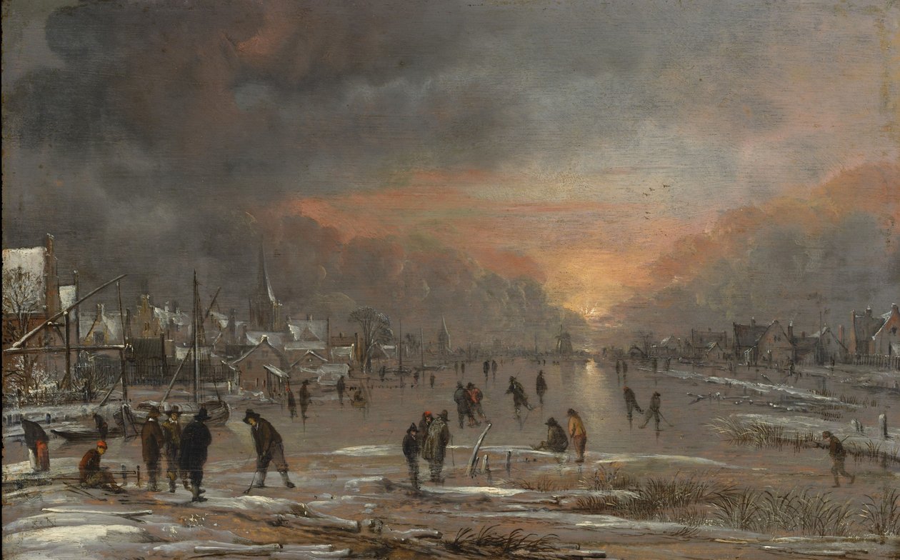 Esportes em um rio congelado, c.1660 (óleo sobre madeira) de Aert van der Neer