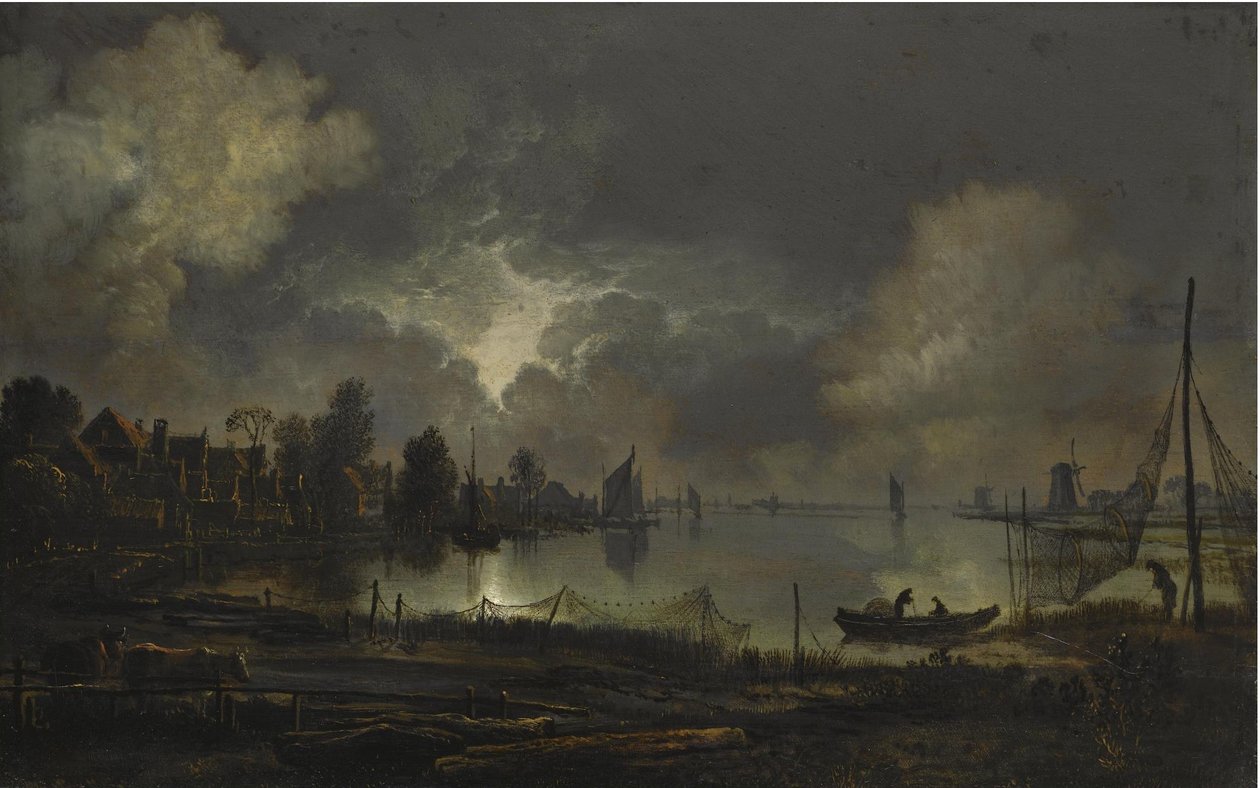 Vista de uma cidade à beira do lago ao luar, com redes penduradas para secar de Aert van der Neer