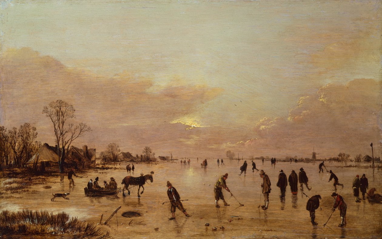 Paisagem de inverno ao pôr do sol (óleo sobre tela) de Aert van der Neer