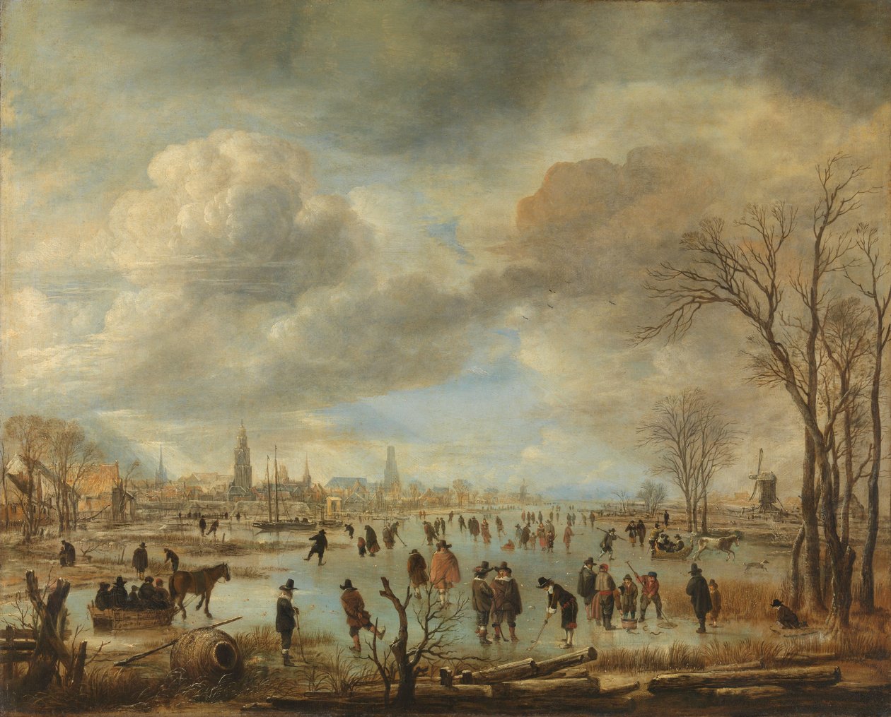 Paisagem de Inverno perto de uma Cidade com Jogadores de Kolf e Cavalos de Treino de Aert van der Neer