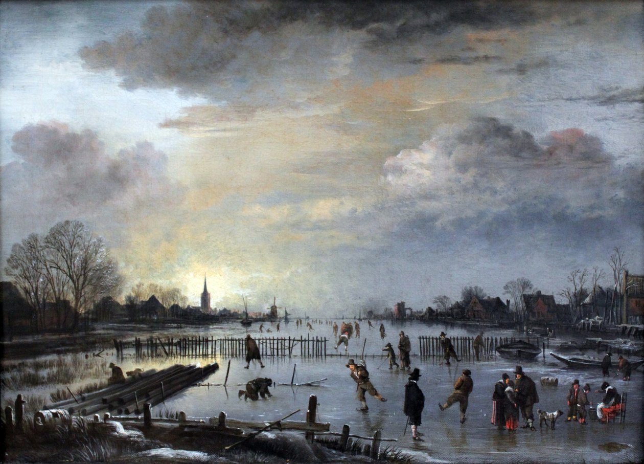 Paisagem do inverno com skatistas de Aert van der Neer