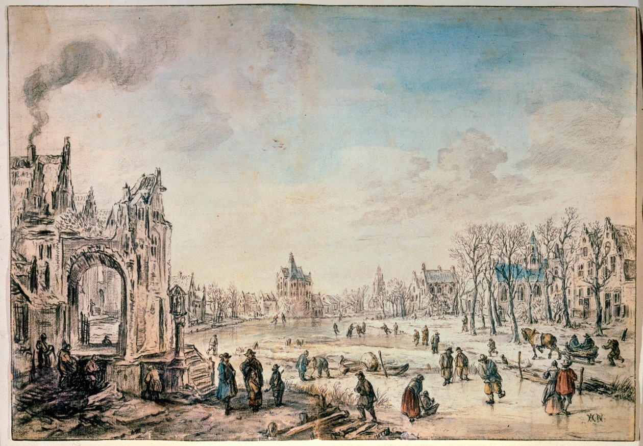 Paisagem de inverno com skatistas, pintura holandesa do século XVII de Aert van der Neer