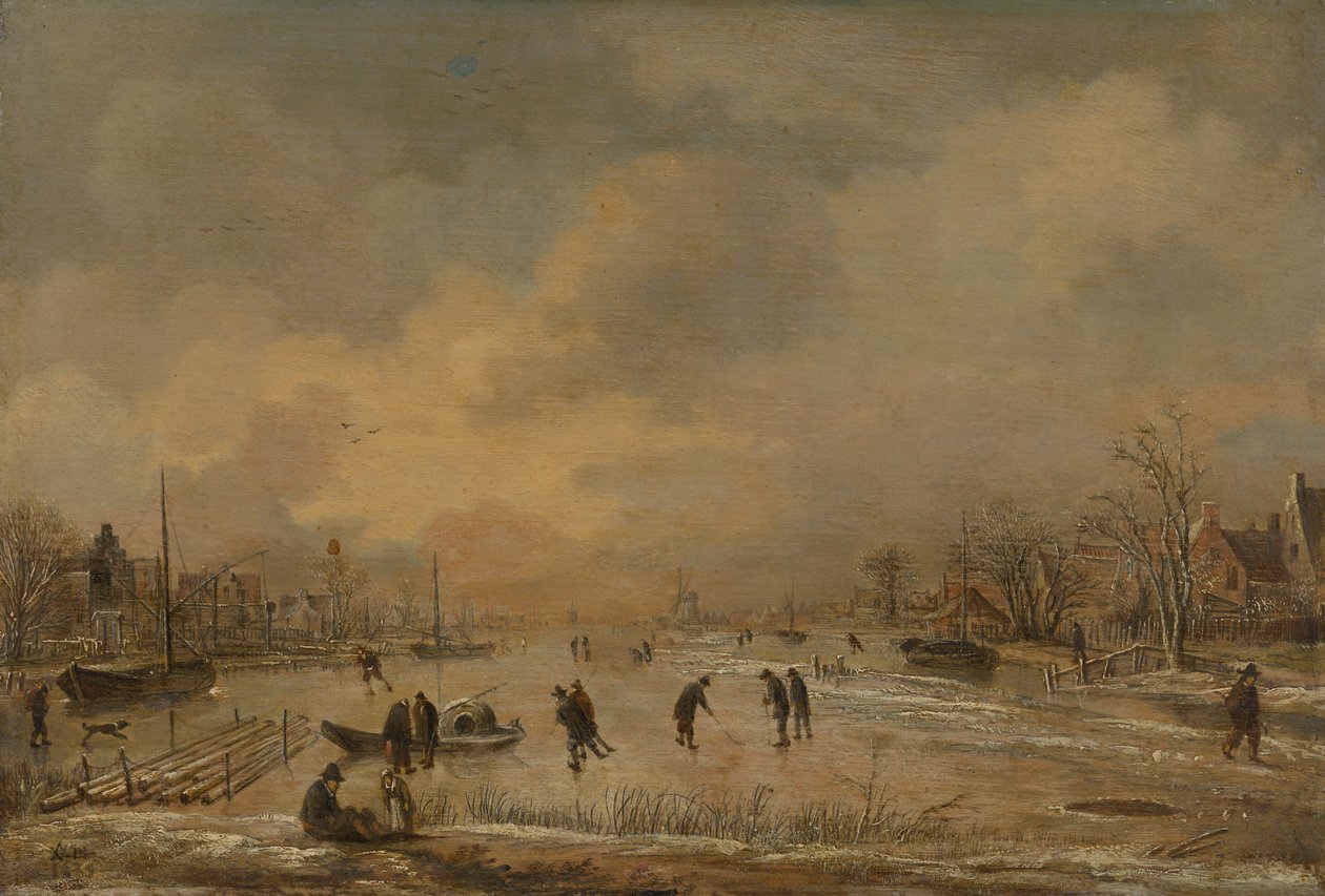 Paisagem de inverno com casas de Aert van der Neer