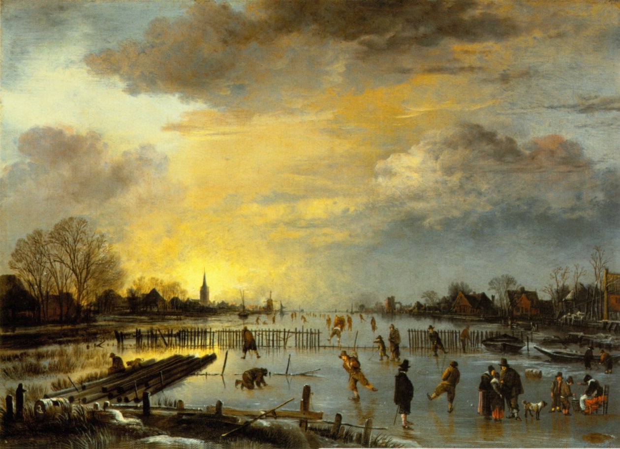 Paisagem do inverno com skatistas de Aert van der Neer
