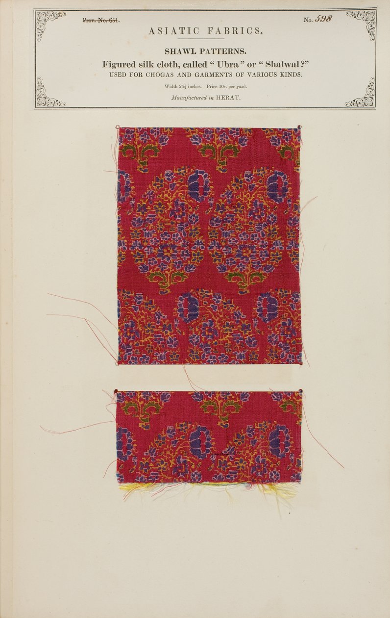 Amostra de pano de seda figurada feita em Herat, da Coleção de Fabricantes Têxteis da Índia, de John Forbes Watson, publicada em 1866 de Afghan School