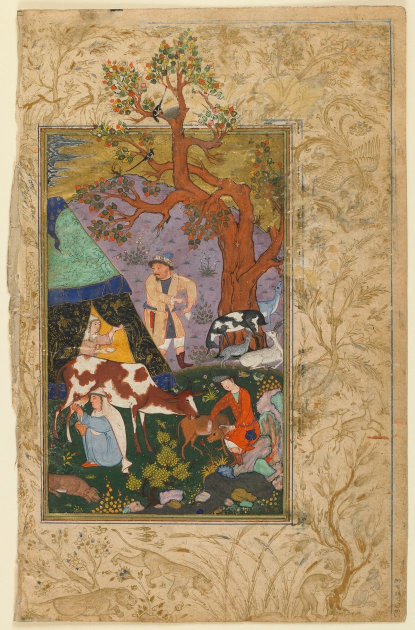 Folio de um Divan (poemas coletados) por Awhadi; verso: Um acampamento, Herat, Afeganistão, 1615-16 (aquarela opaca, tinta e ouro sobre papel) de Afghan School