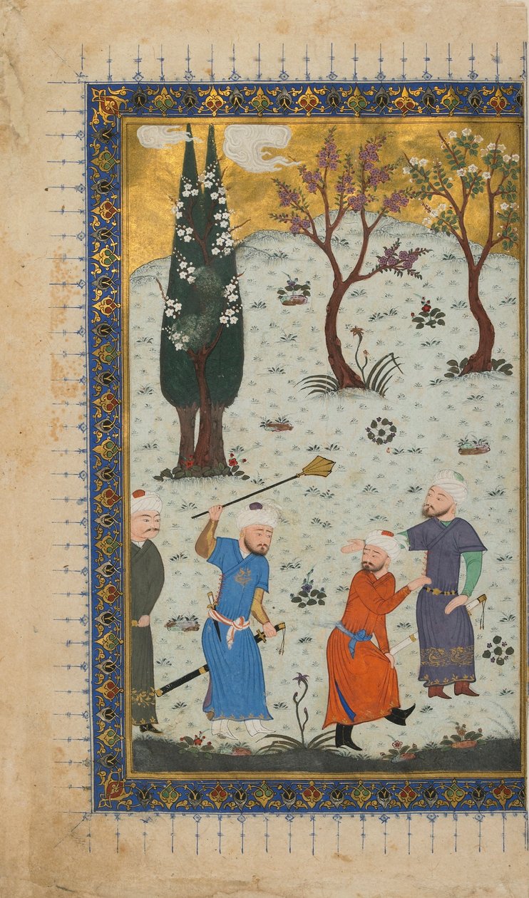 Fólio de um texto não identificado; recto: Um Príncipe Entronizado Cercado por Atendentes, Herat, Afeganistão, c.1425-30 (aquarela opaca, tinta e ouro sobre papel) de Afghan School