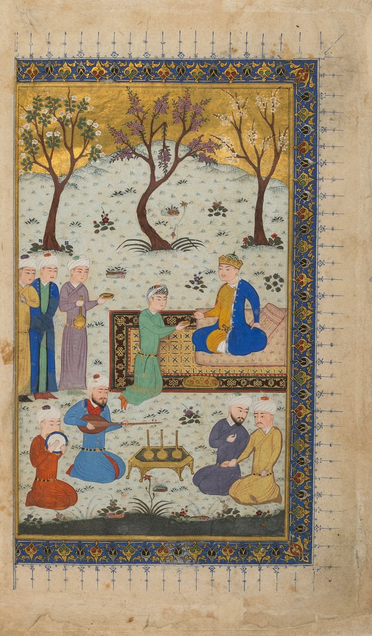 Fólio de um texto não identificado; verso: Um Príncipe Entronizado Cercado por Atendentes, Herat, Afeganistão, c.1425-30 (aquarela opaca, tinta e ouro sobre papel) de Afghan School