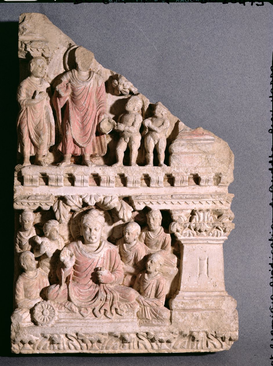 Cenas da Vida de Buda: Oferta de uma tigela de pó e o primeiro sermão, estilo greco-budista, de Hadda, do século I a IV (calcário) de Afghan School