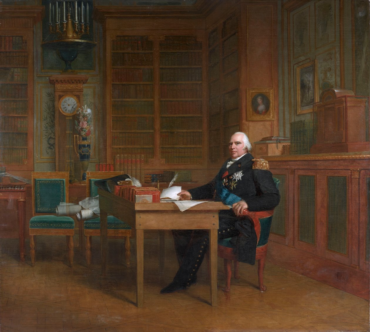 Rei Luís XVIII meditando na Carta, sentado à sua mesa no Palácio das Tulherias de After François Gérard