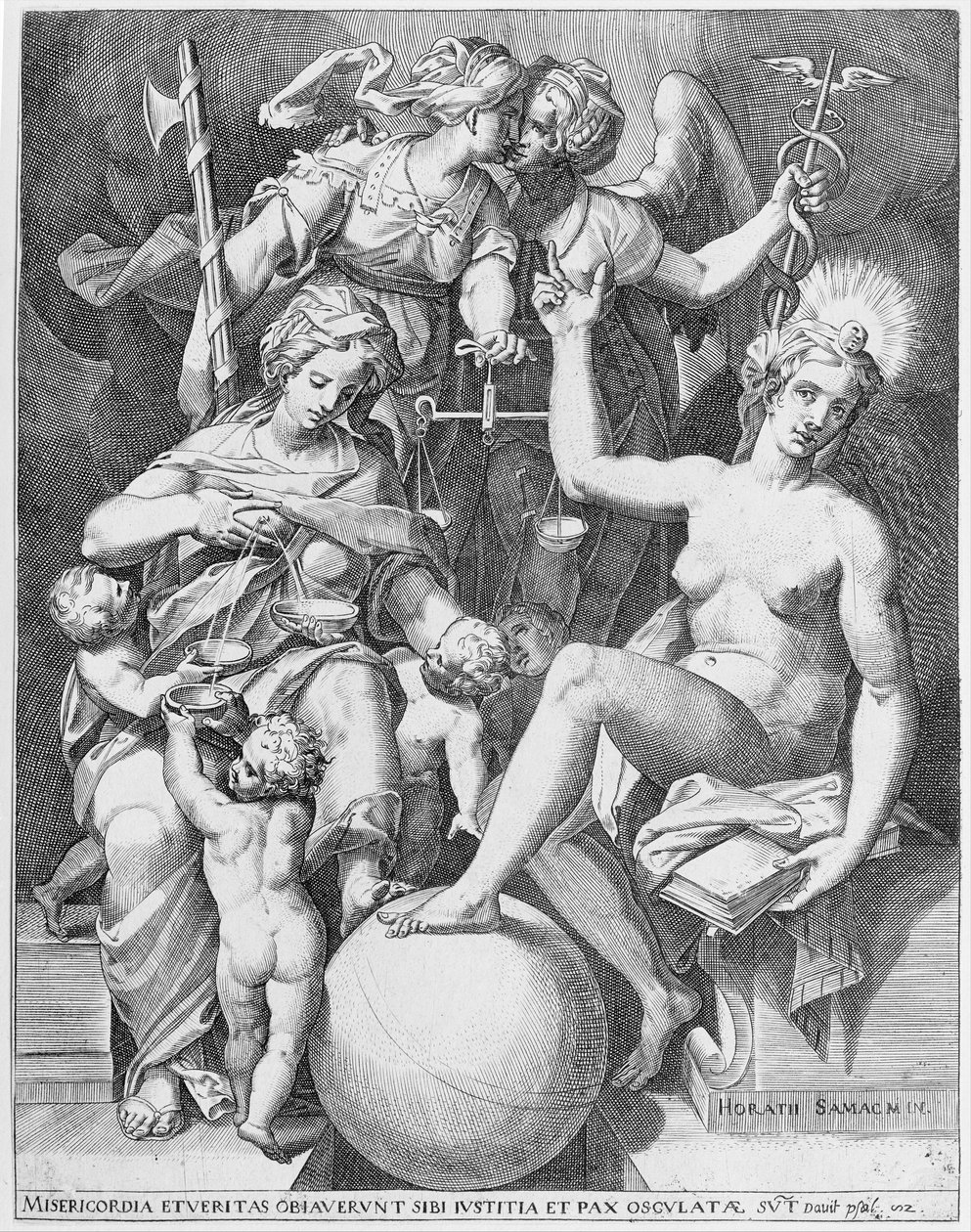 Alegoria do Salmo de David, Misericórdia sentada à esquerda alimentando quatro crianças com..., 1579. de After Agostino Carracci.