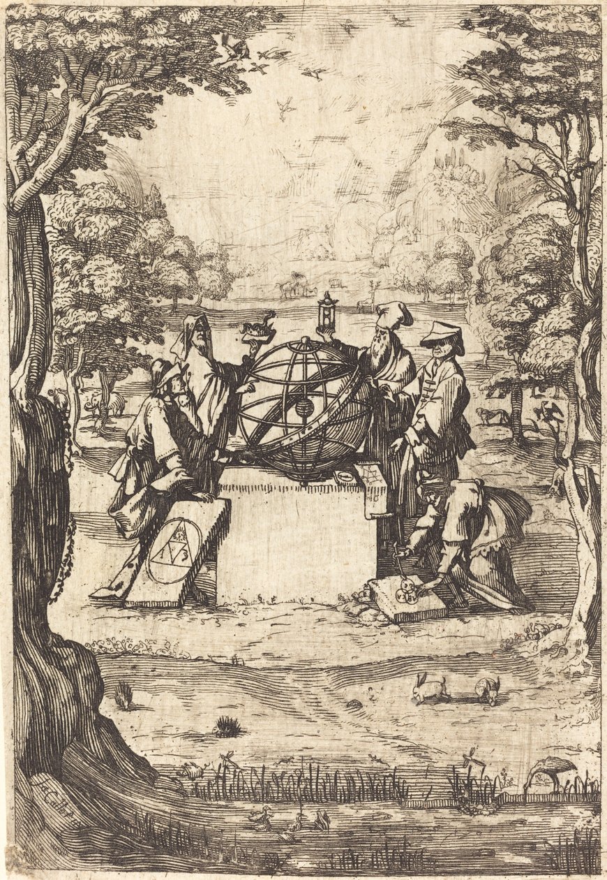 Frontispício para a Cosmologia Sagrada (Título Com Astrólogos) de After Jacques Callot
