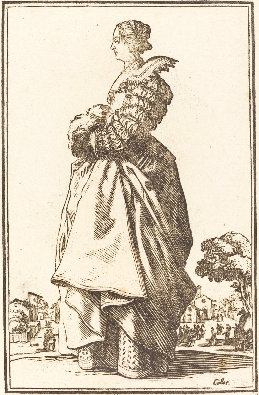 Mulher nobre de perfil com as mãos em um regalo de After Jacques Callot