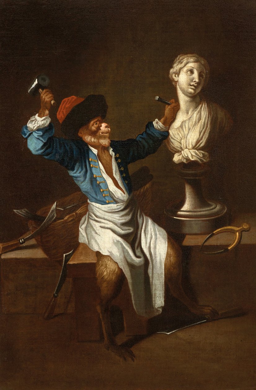Um macaco como escultor F 18Jh de after Jean Antoine Watteau