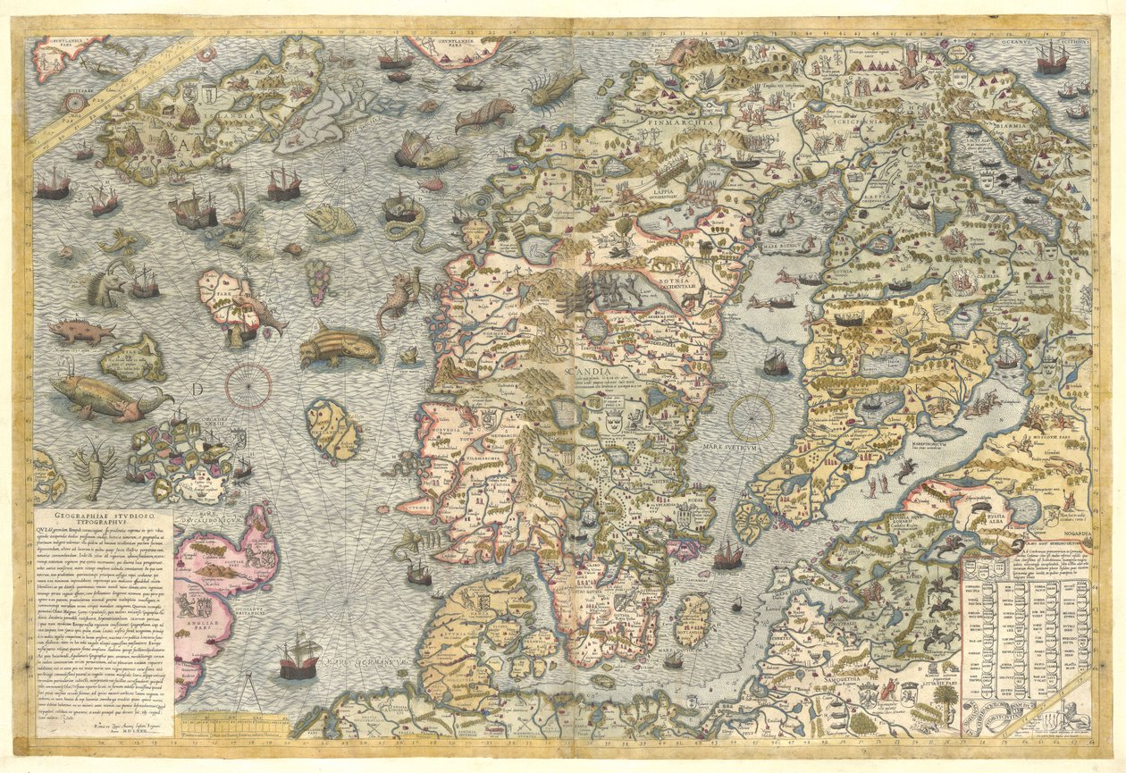 Uma reprodução fiel de Carta marina (um mapa mural da Escandinávia por Olaus Magnus publicado em 1539) de After Olaus Magnus
