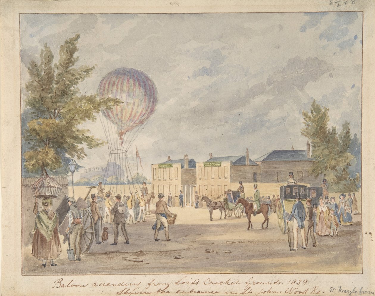 Balão a subir perto da entrada do campo de críquete do Senhor, 1839, ca. 1839. de After Robert Bremmel Schnebbelie.