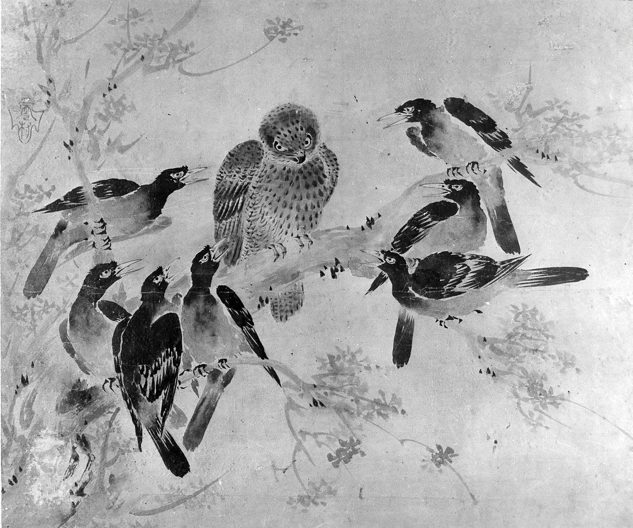 Mynah Birds Attacking an Owl, provavelmente do século XIX. de after Sesson Shūkei