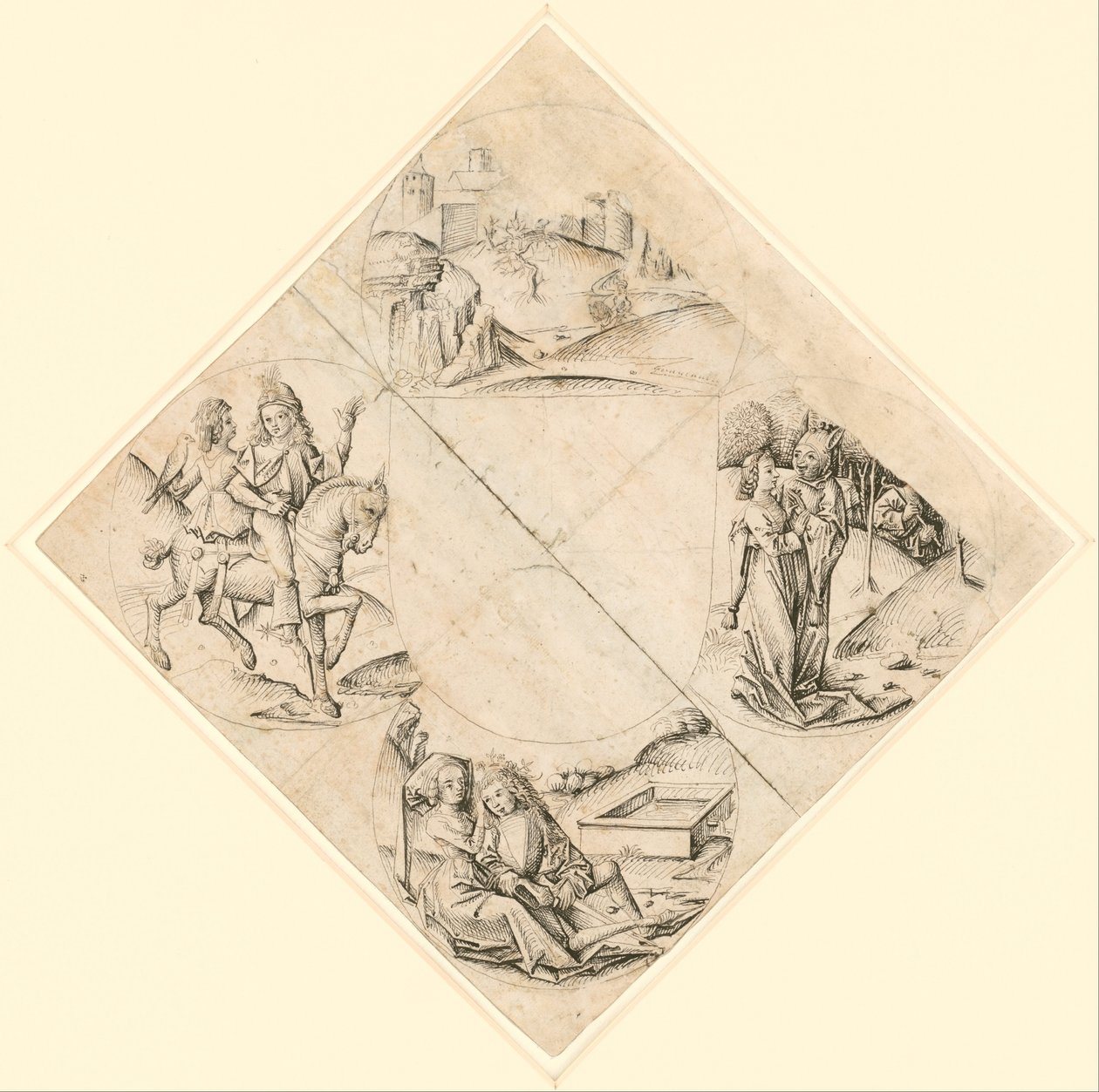 Projeto para um Quatrefoil com um castelo, dois amantes, uma donzela tentada por um tolo, um casal sentado em um cocho e um cavaleiro e seu amante montados em um cavalo de After The Master of the Housebook