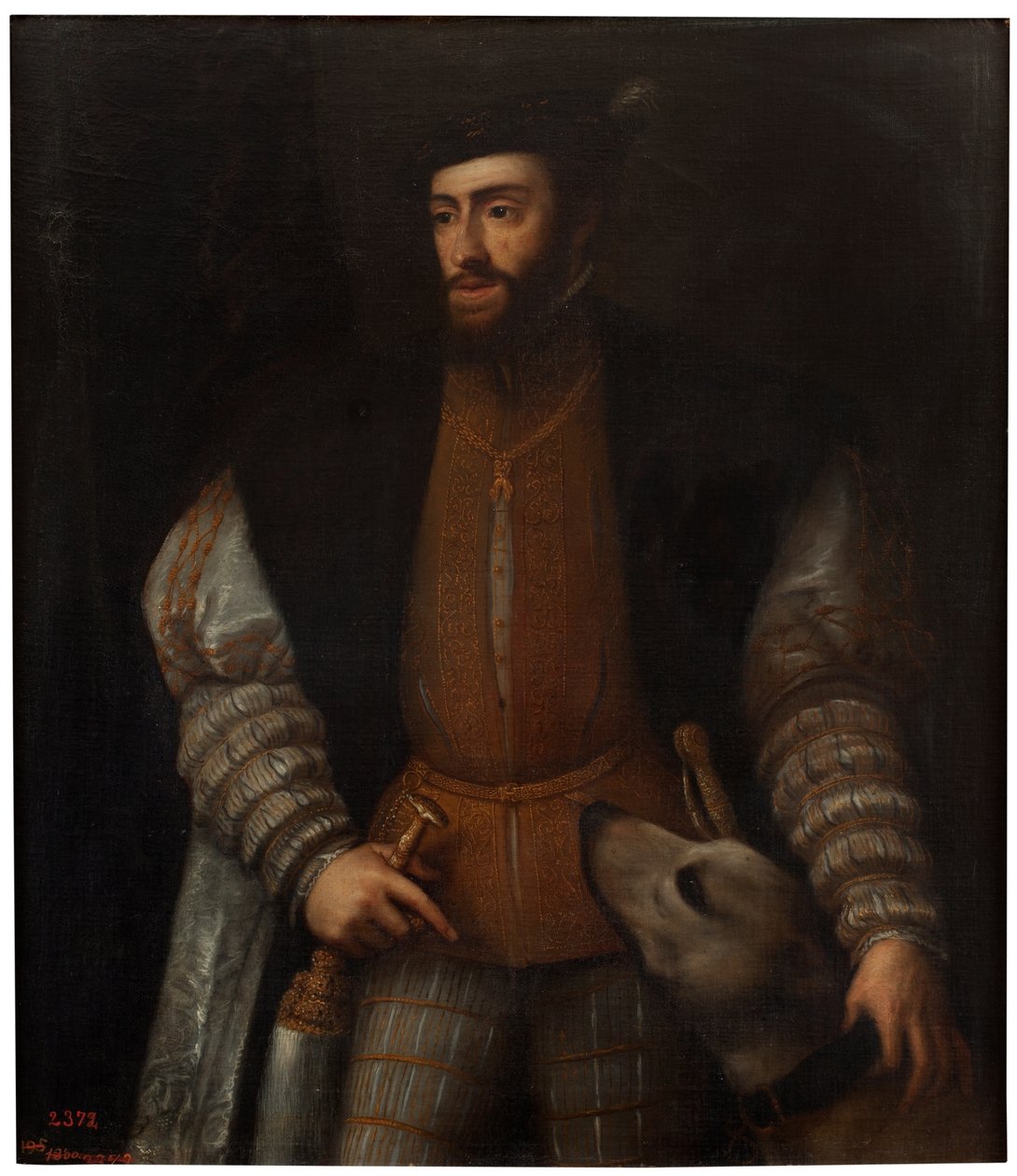 Espanhol:  El emperador Carlos V con un perro O imperador Carlos V com um cão de after Titian