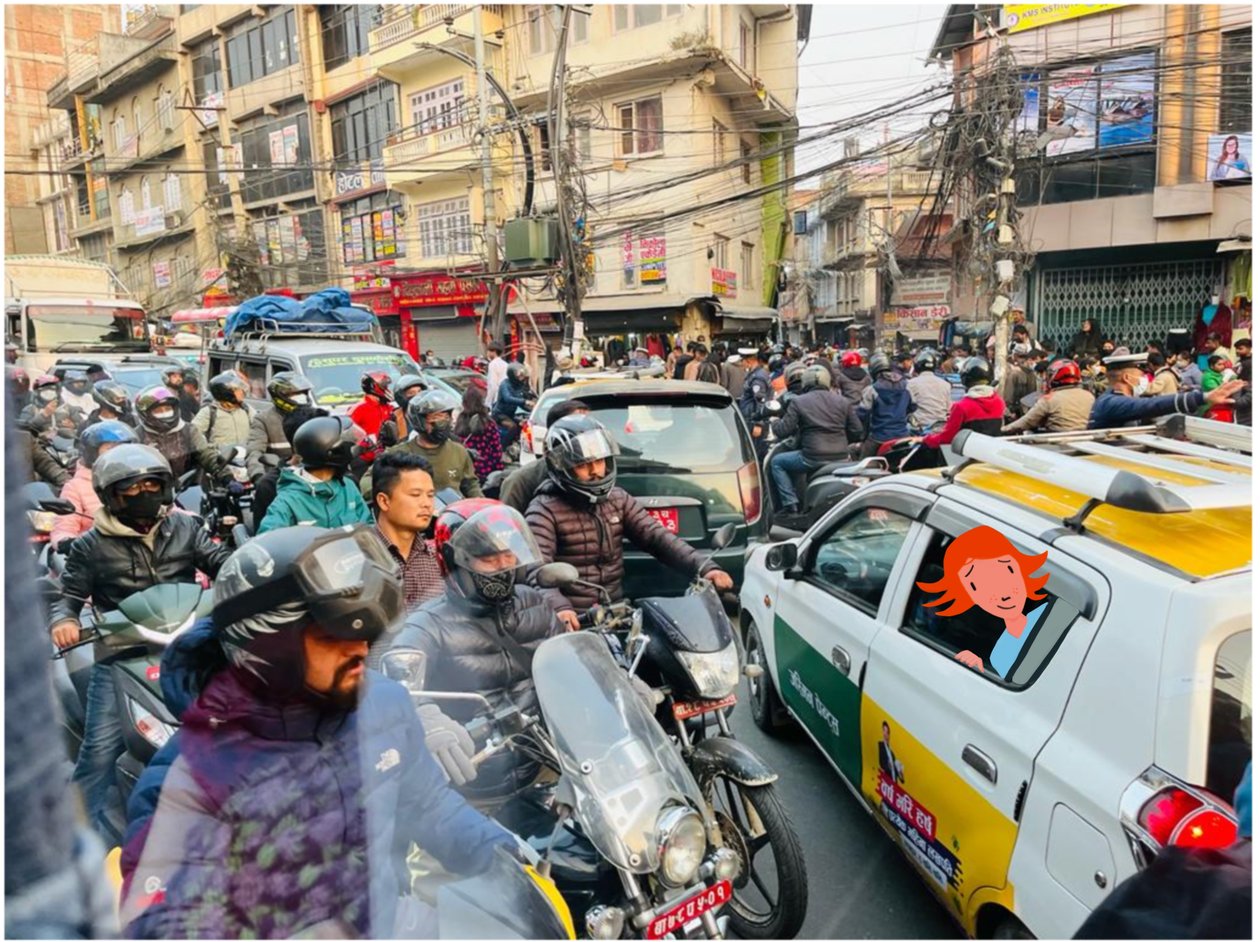 Tráfego em Katmandu, 2023 (arte digital sobre fotografia) de Agnes Girardon