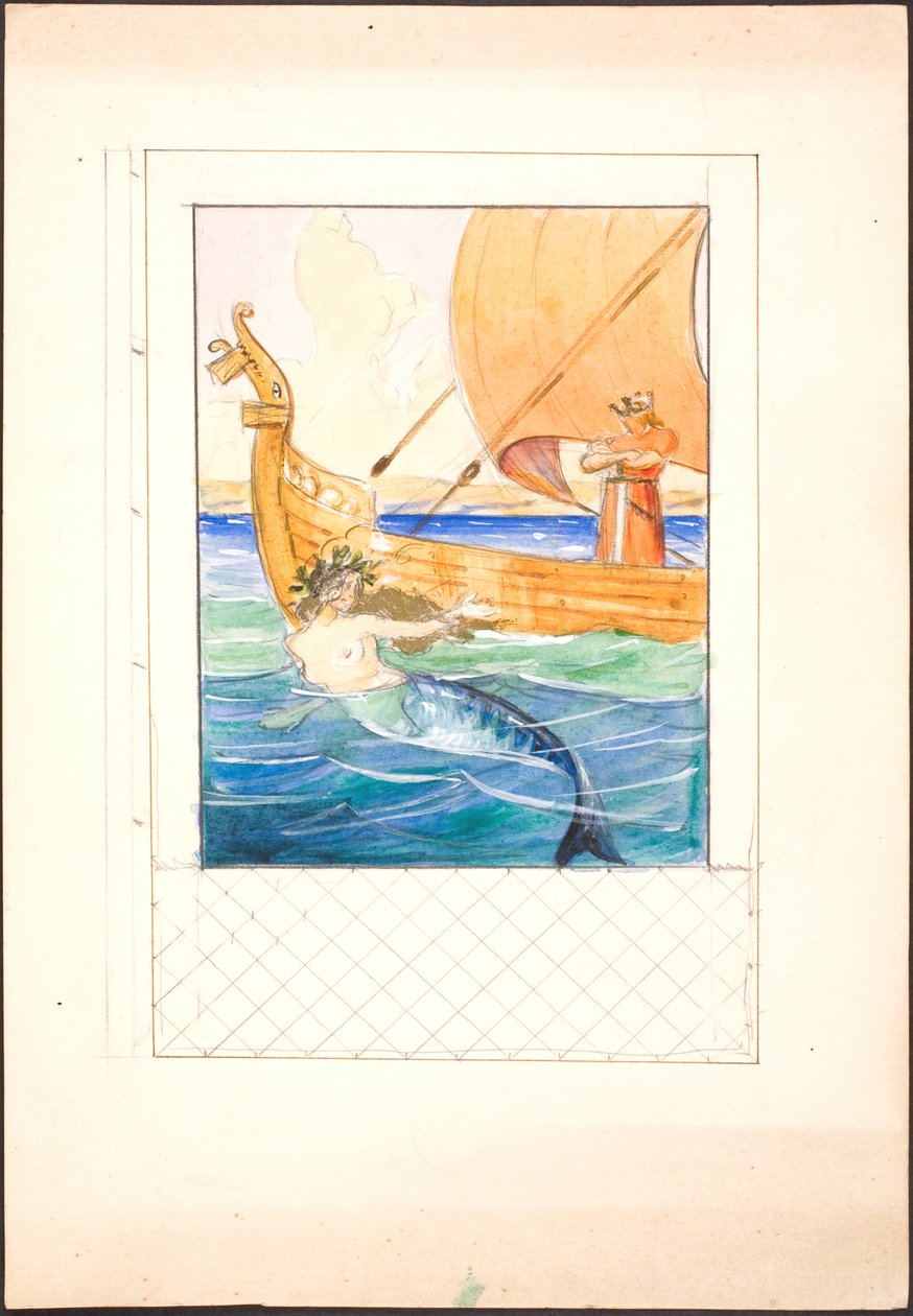 Ilustração para Oehlenschläger com uma sereia e um rei em um navio encaixado em um quadro de calado de Agnes Slott Møller