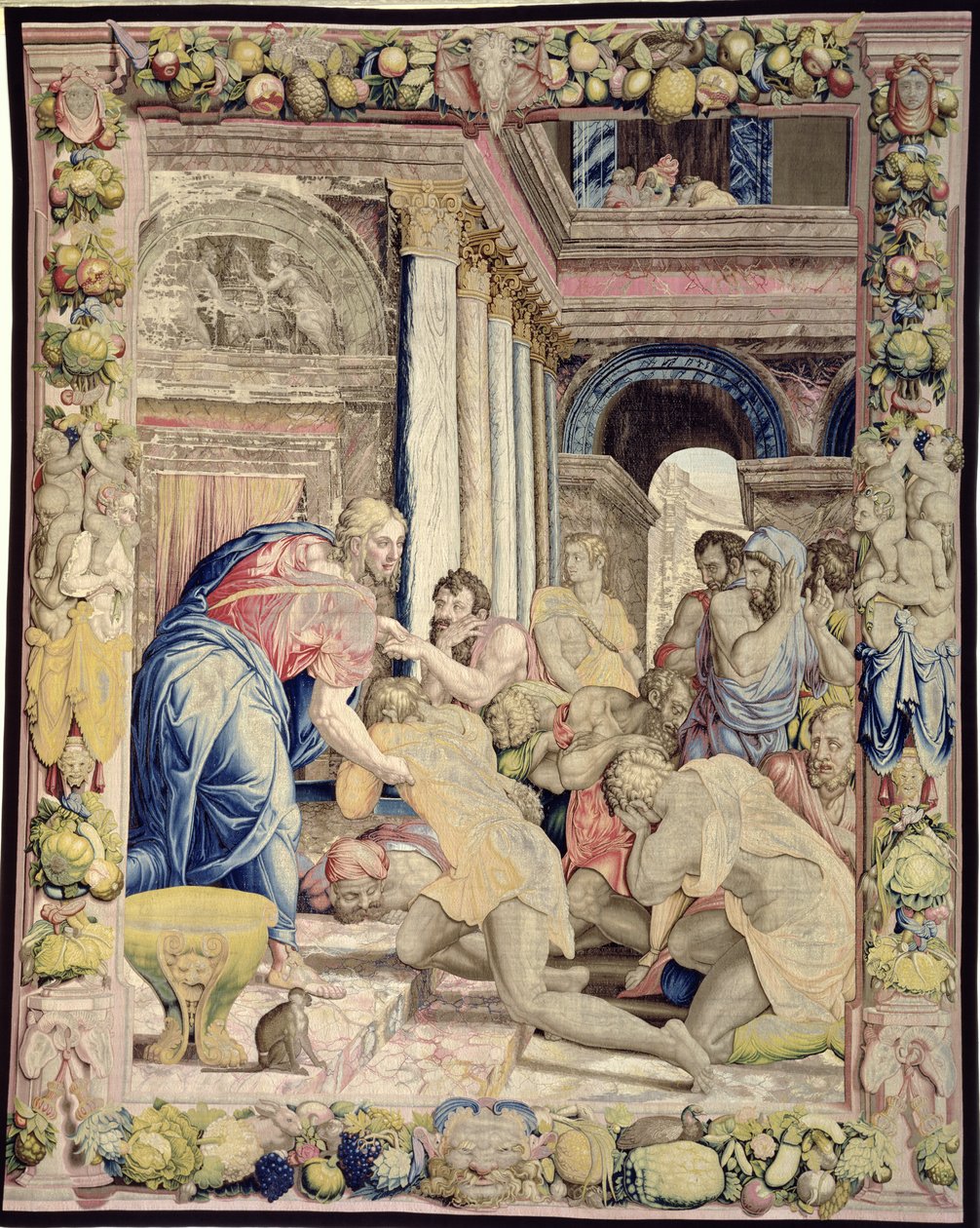 José se permite ser reconhecido por seus irmãos, da Sala dei Dugento, 1546-53 (tapeçaria) de Agnolo and Karcher, Nicholas Bronzino