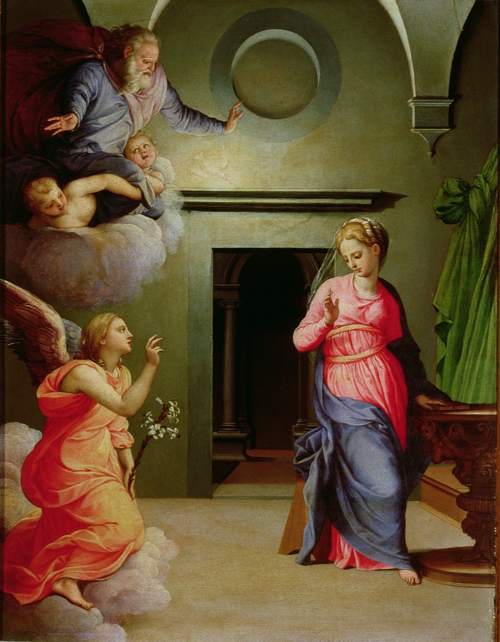 A Anunciação (tempera no painel) de Agnolo Bronzino