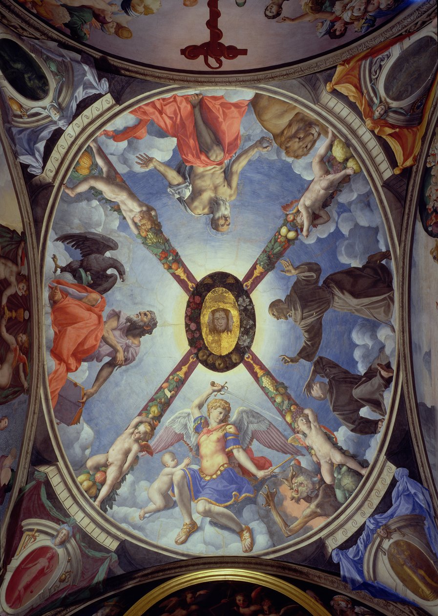 O teto da Capela de Eleonora de Toledo representando São Miguel Arcanjo conquistando Satanás; São João Evangelista; São Jerônimo; e São Francisco recebendo os estigmas, 1555 de Agnolo Bronzino