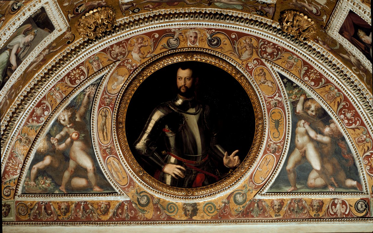 Retrato de Cosimo I di Medici, Grão-Duque da Toscana e Pai de Francesco I (Pintura em ardósia de Agnolo (after) Bronzino
