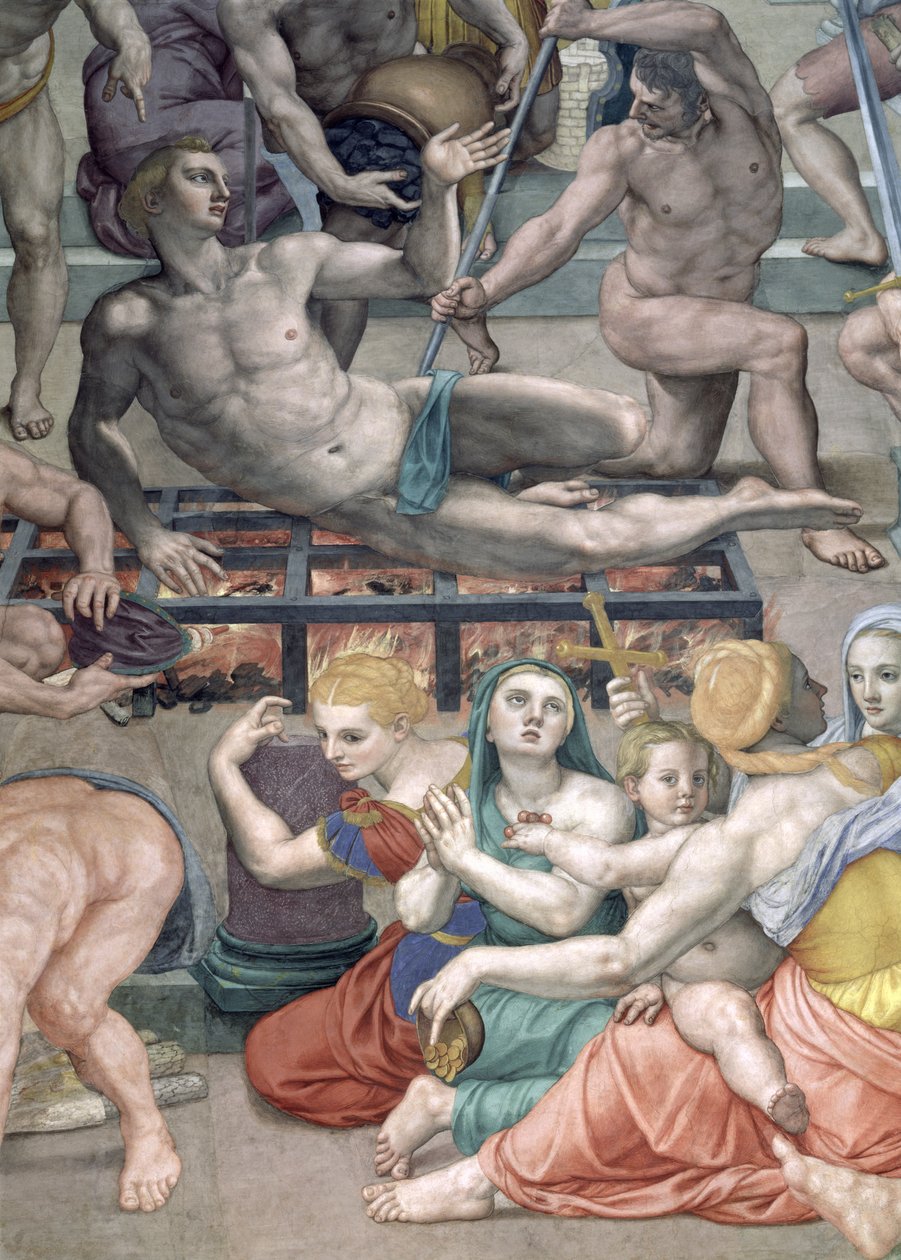 O martírio de St. Lawrence, detalhe de St. Lawrence no afresco da grelha de Agnolo Bronzino