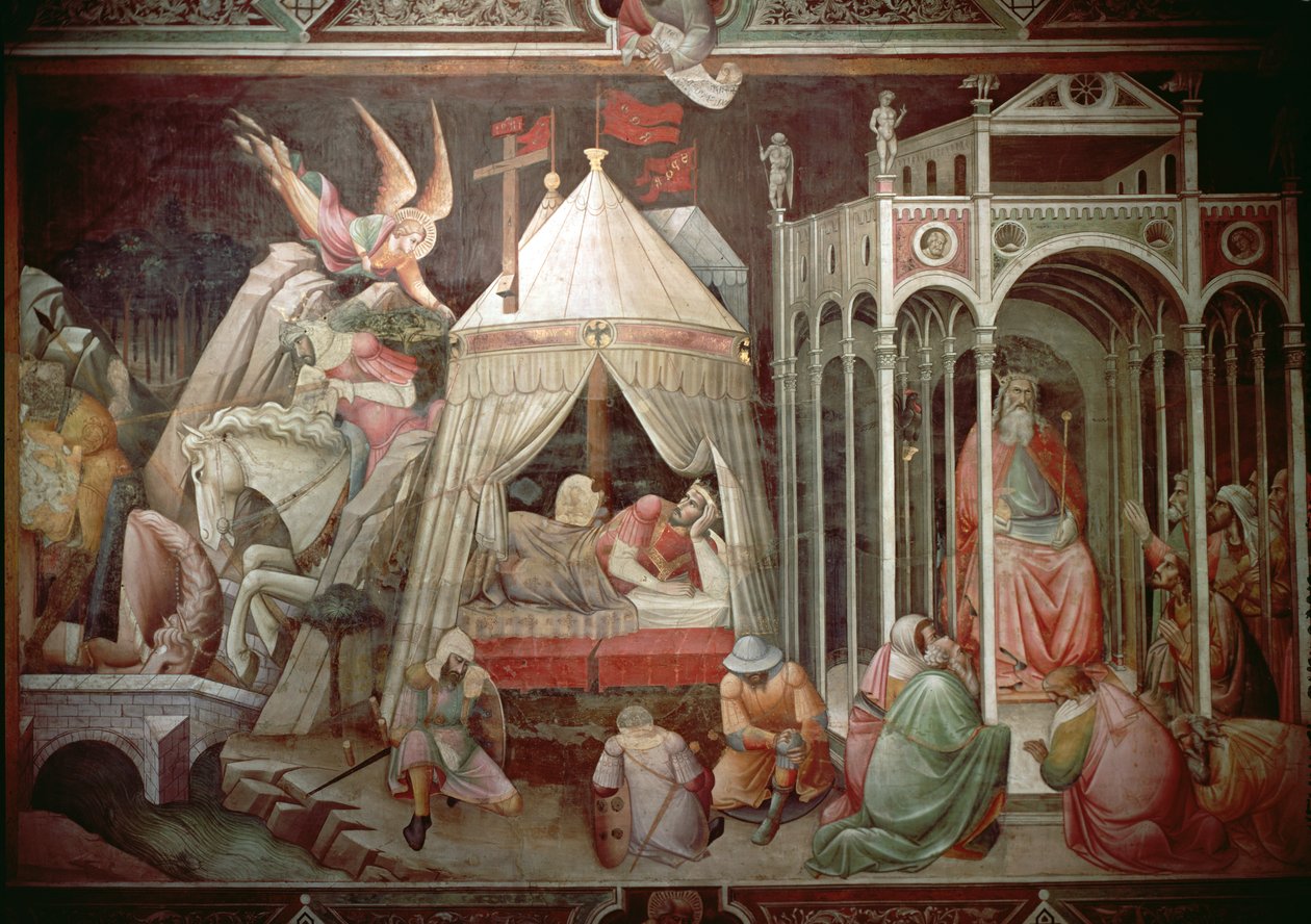 Cosroe usa o poder da cruz para invocar a adoração de seu povo e do sonho de Heráclio e sua vitória sobre Cosroe, c.1380 de Agnolo Gaddi