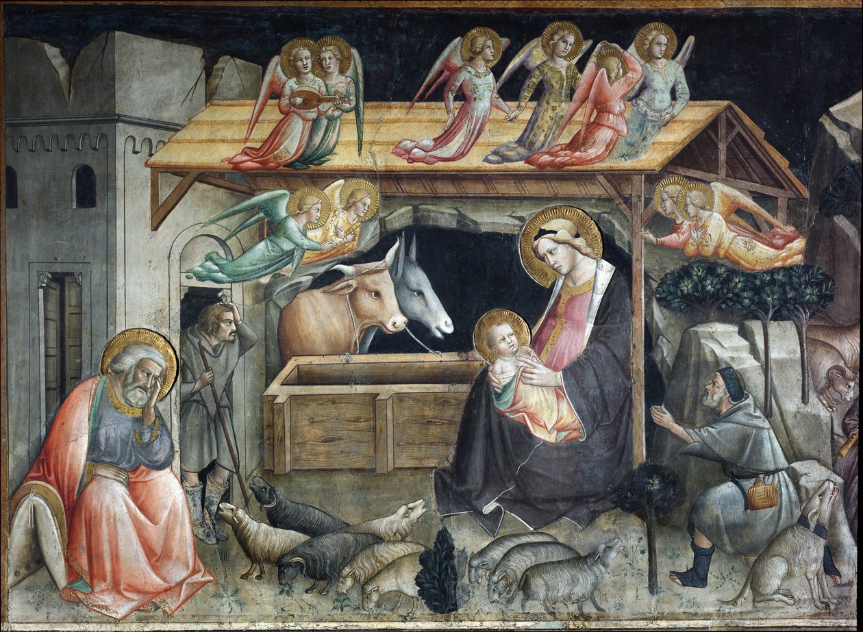 Creche (berço) Pintura de Agnolo Gaddi (1350-1396) Duomo, Cappella del Sacro Cingolo Prato de Agnolo Gaddi