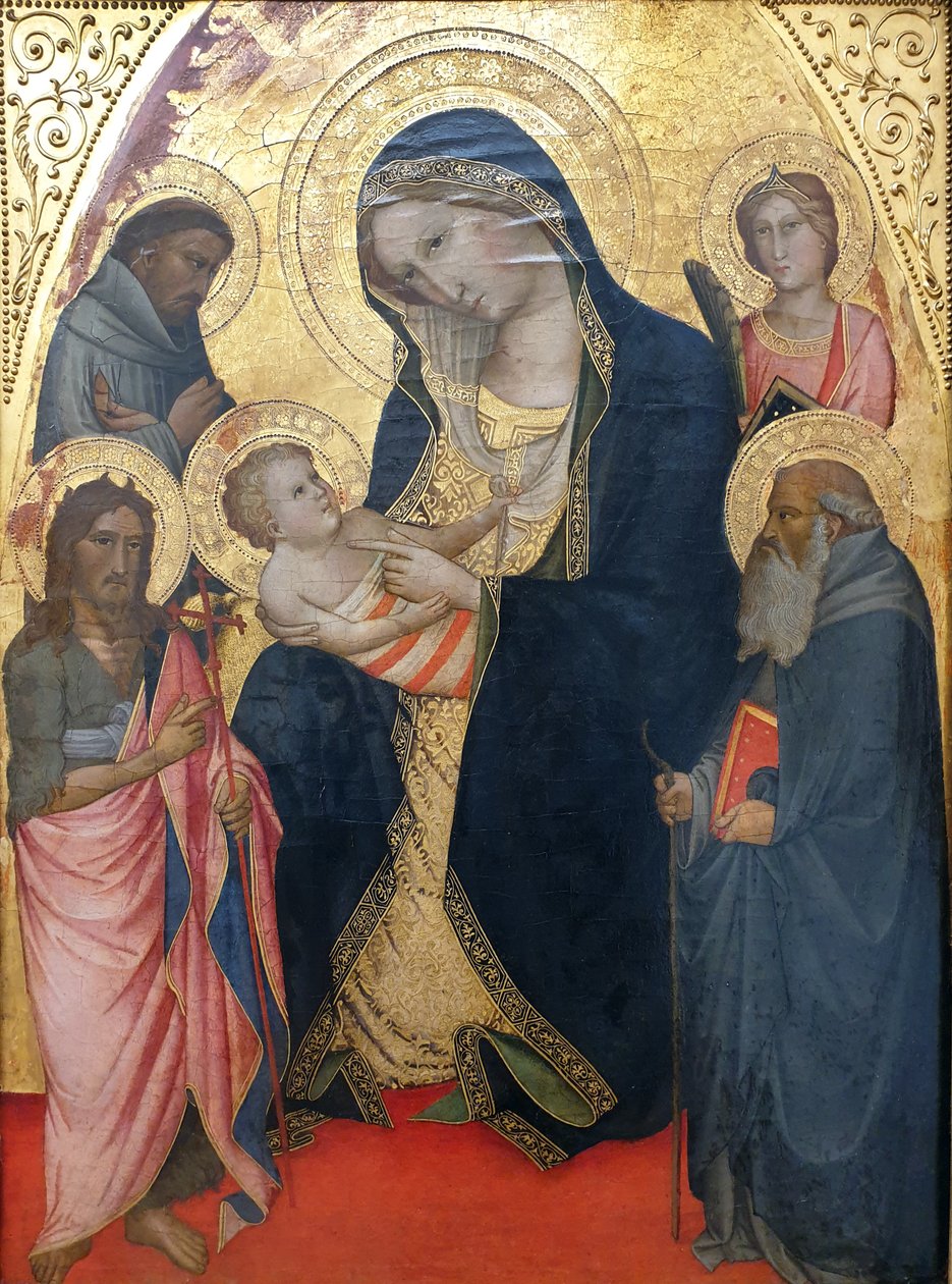 Alemão: Maria mit dem Kind und den Heiligen Johannes der Täufer, Franziskus, Antonius Abbas und einer weiblichen Märtyrerin Madona com a criança, São João Batista, São Francisco e Santo António e um mártir de Agnolo Gaddi