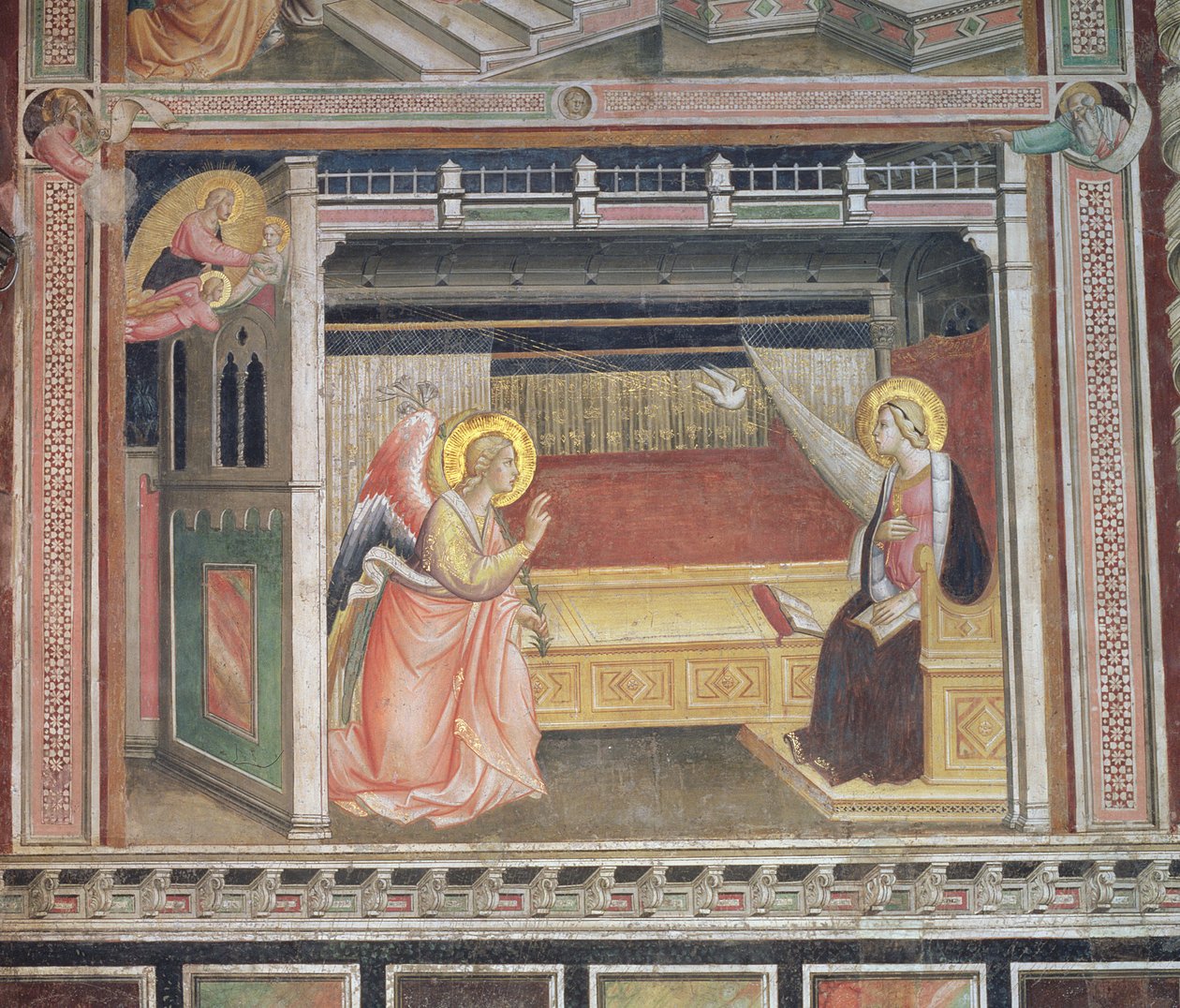 A Anunciação, detalhe do ciclo da Vida da Virgem e da Cintura Sagrada, da Cappella della Sacra Cintola de Agnolo Gaddi