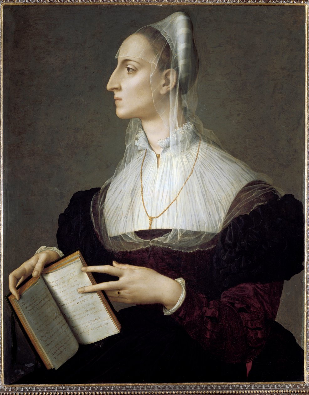 Retrato da poetisa italiana Laura Battiferri lendo os sonetos de Petrarca (óleo sobre painel de Agnolo Bronzino