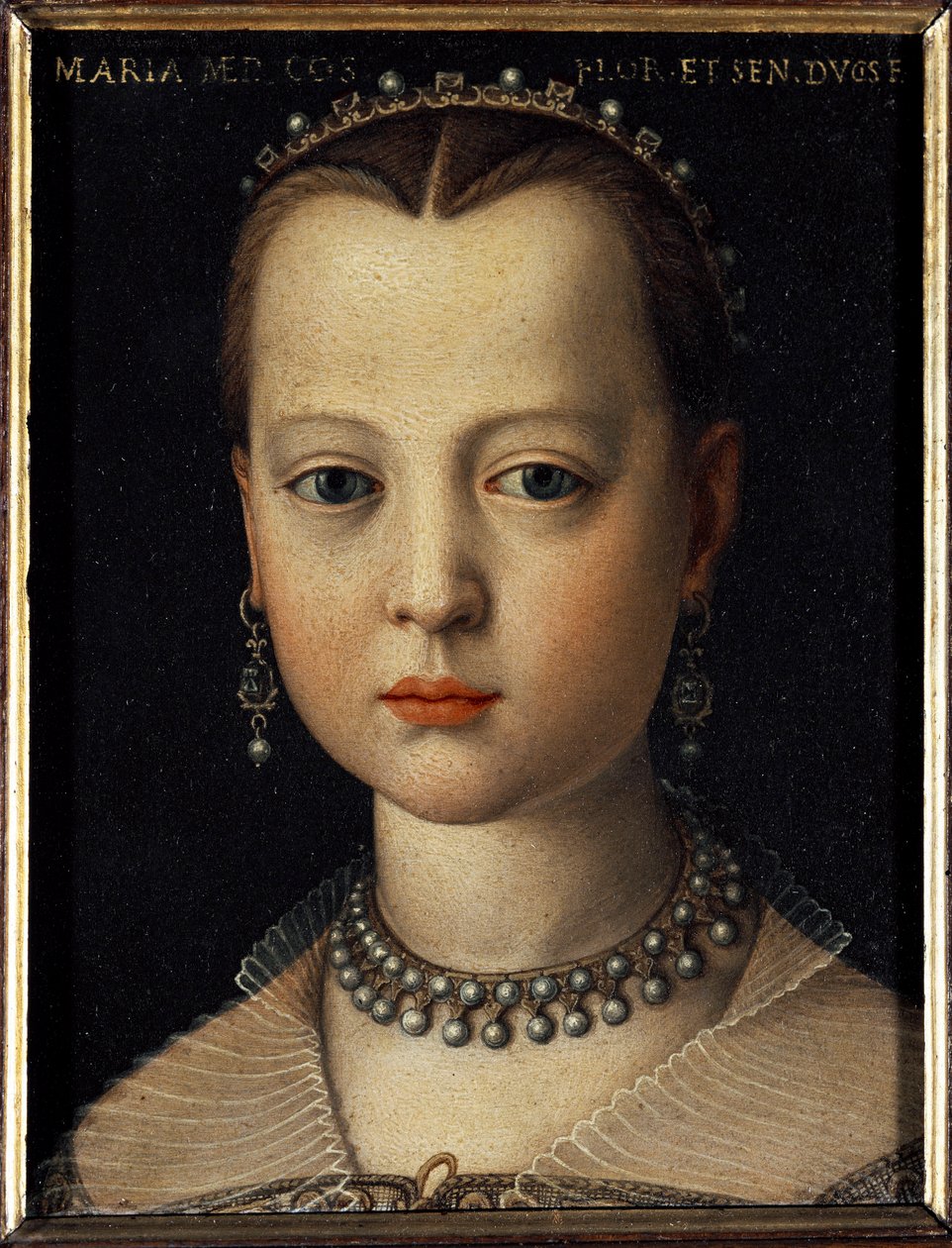 Retrato de Maria de Medici (1540-1557) filha de Cosimo I de Toscana (Cosimo I de Medici) (1519-1574) (Retrato de Maria de Medici filha de Cosimo I de Medici, Grão-Duque da Toscana) Pintura de Bronzino (Agnolo di Cosimo) (1503-1572) 1551 Dim 15x12 c de Agnolo Bronzino