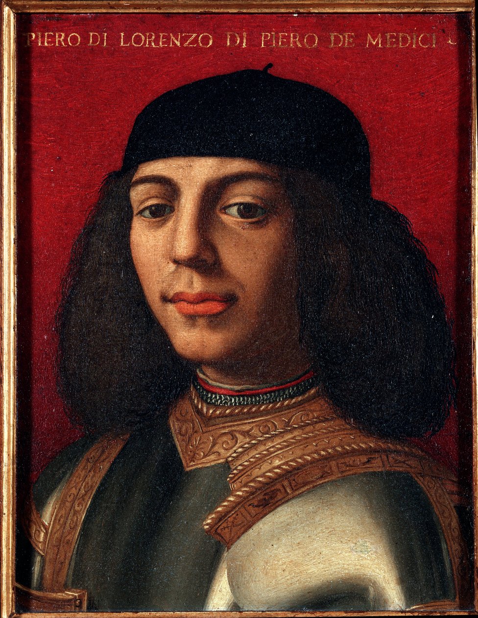 Retrato de Pedro II de Medici (1472-1503) (Piero di Lorenzo de Medici ou Piero o Infeliz) político e militar italiano, filho de Laurent, a Magnífica Pintura de Agnolo Allori chamada Bronzino (1503-1572), óleo sobre cobre Dim 15x12 cm Palazzo M de Agnolo Bronzino