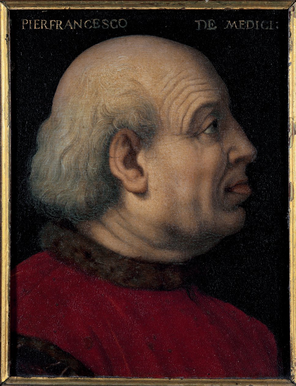 Retrato de Pierfrancesco di Lorenzo de Medicis the Elder (1430-1476) (Retrato de Pierfrancesco de Medici, banqueiro e diplomata italiano, membro da Casa dos Médicis de Florença) Pintura de Bronzino (Agnolo di Cosimo) (1503-1572) Dim 15x12 cm de Agnolo Bronzino