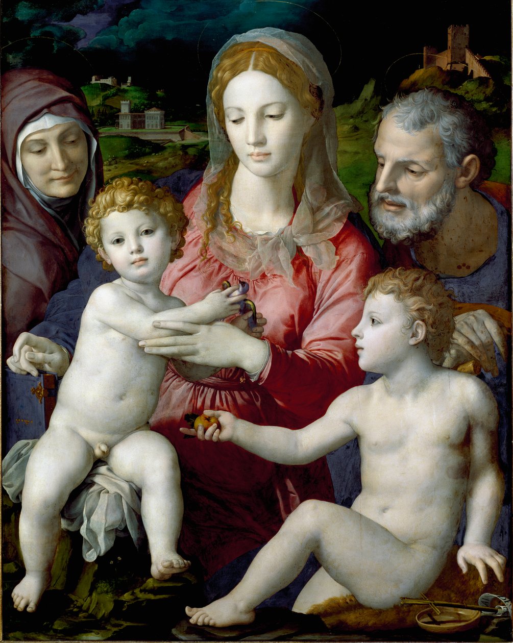 A Sagrada Família com Santa Ana e São João Pintura infantil de Agnolo di Cosimo dit Bronzino (1503-1572) 1550 Sol. 124,5x99,5 cm Museu Kunsthistorisches Viena de Agnolo Bronzino