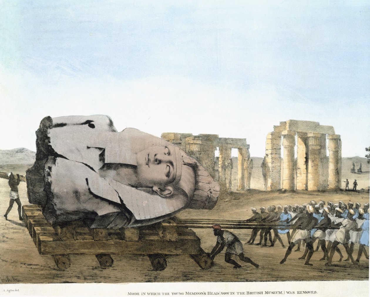 Modo em que a cabeça do Jovem Memnon foi removida, forma Placas ilustrativas das Pesquisas no Egito e na Núbia. Belzoni, Giovannie Battista. Aglio, Agostino (1777-1857) Publicado em 1820-22 de Agostino Aglio