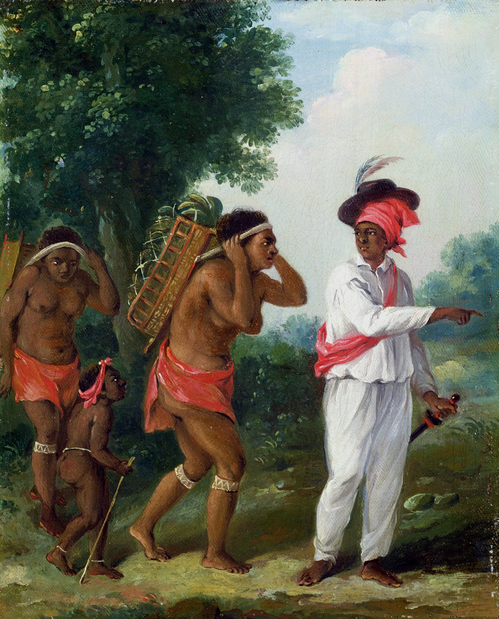 Homem de índio ocidental de cor, dirigindo duas mulheres Carib com uma criança, c.1780 de Agostino Brunias